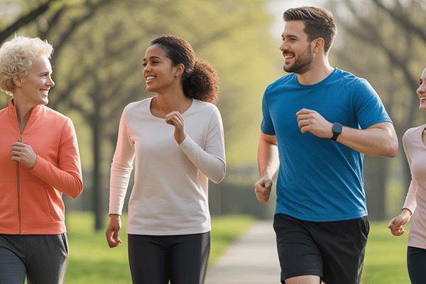 Four adults brisk walking in a park.