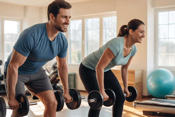 A man and woman lifting weights in a home gym