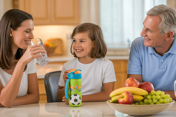 a mother, child and grandfather in a kitchen drinking water for hydration.
