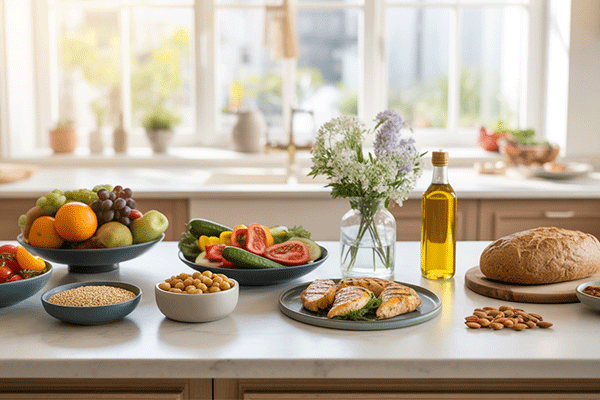 A kitchen counter with various bowls of fruit, vegetables, nuts and olive oil as part of the Mediterranean Diet.